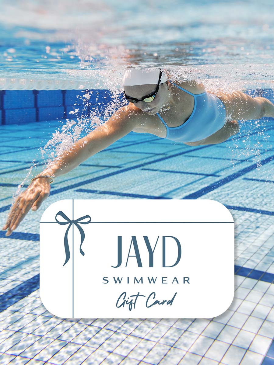 Person swimming in a pool with a JAYD Swimwear gift card overlay.