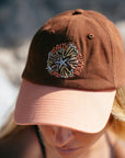 Brown and apricot JAYD Baseball Cap with embroidered Salty Summer design featuring coral and a starfish.