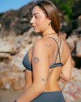 Fixed-back design of the JAYD Kiama bikini top in Carbon grey with cross-back straps for optimal support.